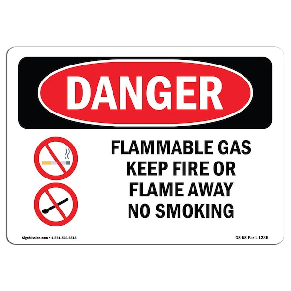 OSHA Sign, Flammable Gas Keep Fire Or Flame Away, 18in X 12in Rigid Plastic, 12" W, 18" L, Landscape